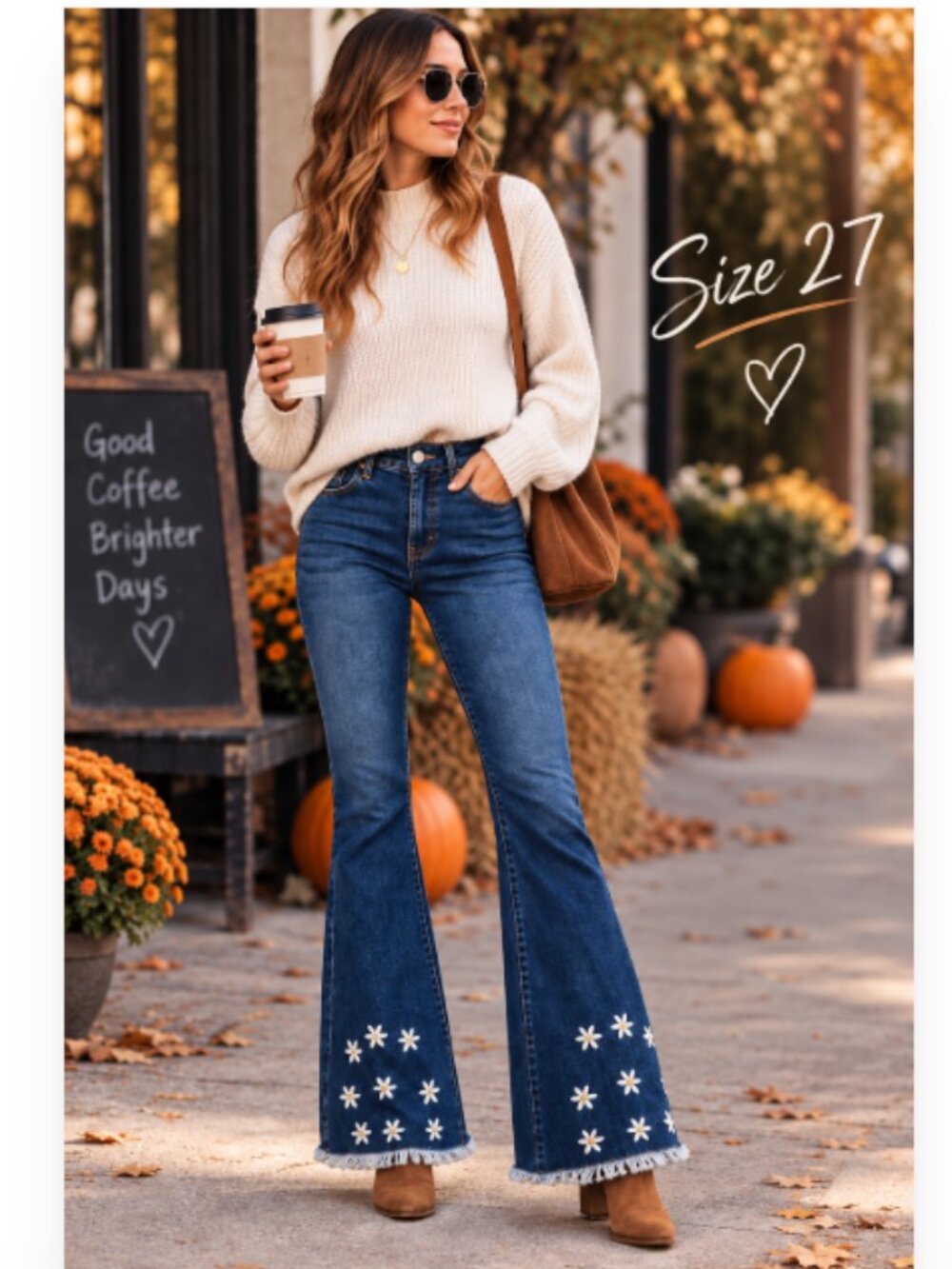FOREVER 21 FLARE JEANS EMBROIDERED DAISY 27